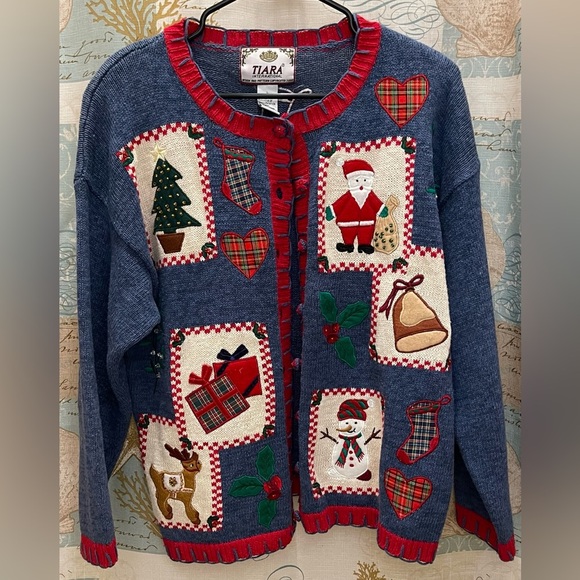 Tiara Vintage Y2K Holiday Patchwork Christmas Sweater Cardigan Button Womens Lg - Picture 1 of 15